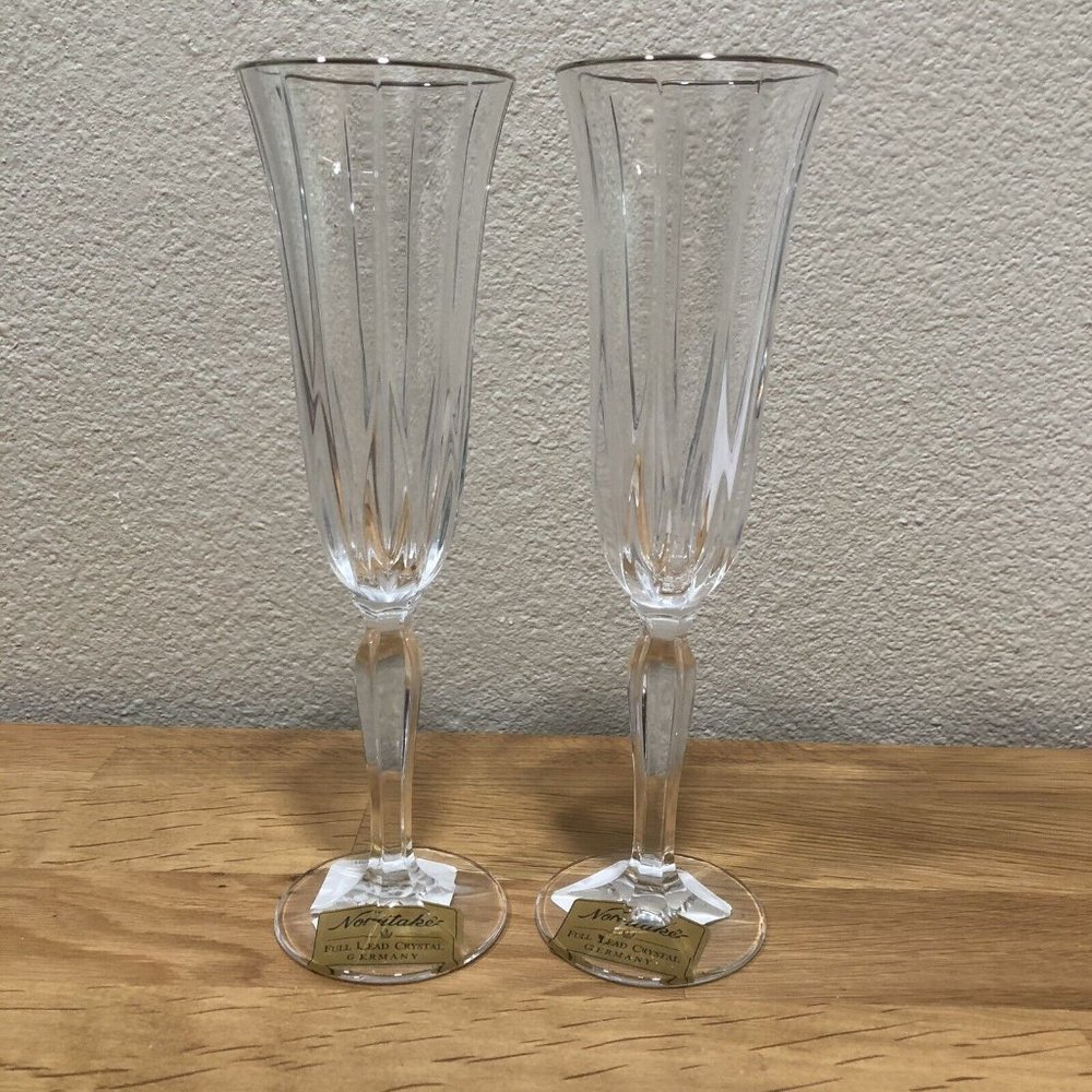 2 NEW Noritake Vendome Platinum Flutes Silver Trim Champagne Toast 9” Stem Two